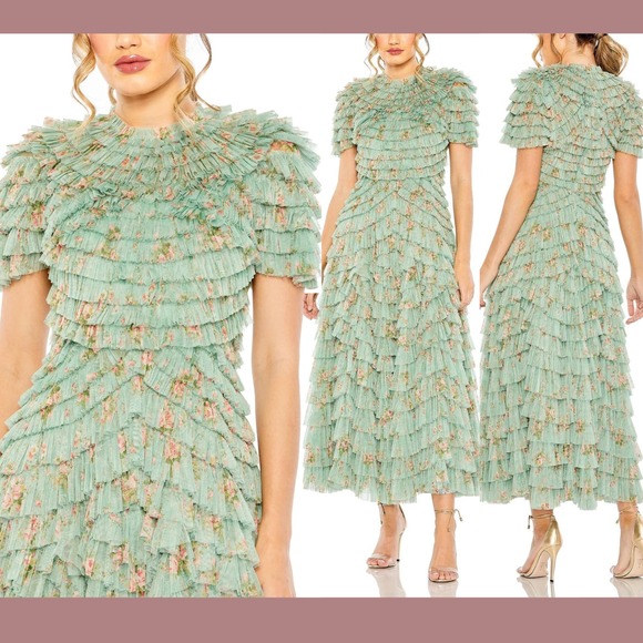 NWT Mac Duggal [ 6 ] 8014 Ruffle Tiered Short Sleeve A Lien Dress Sage #J1862 - Picture 1 of 15
